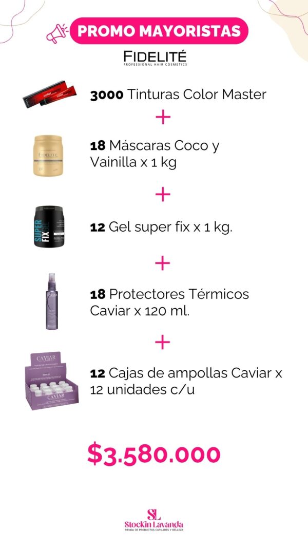 3000 Tinturas Color Master + 18 Máscaras Coco y Vainilla x 1 kg + 12 Gel super fix x 1 kg. + 18 Protectores Térmicos Caviar x 120 ml. + 12 Cajas de ampollas Caviar x 12 unidades c/u
